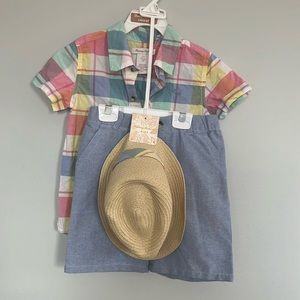 Boy’s 4T Tommy Bahamas plaid shirt and pant set with straw hat